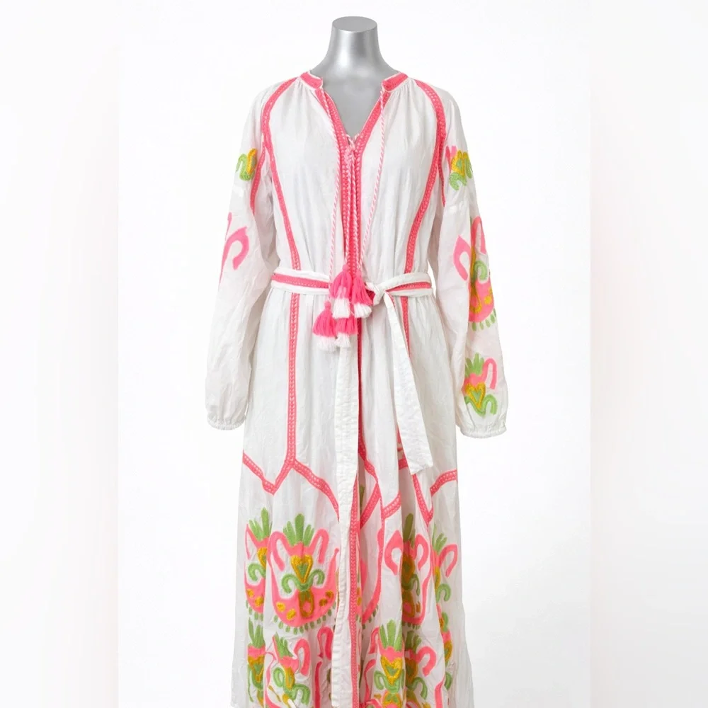 Embroidered White and Pink Maxi Dress - Picture 2 of 5